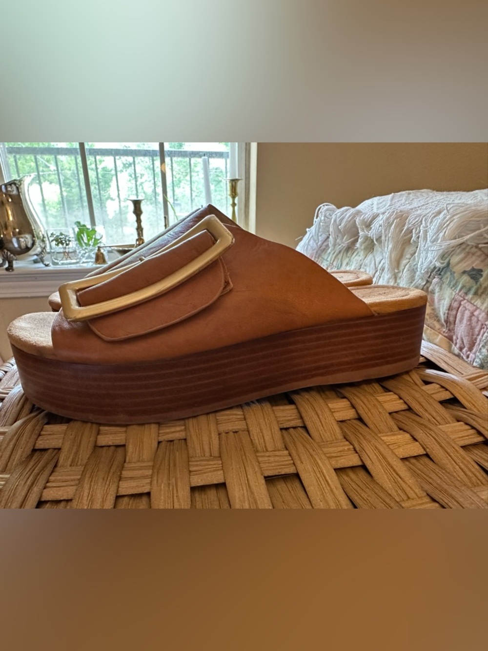 Kelsi Dagger Tan Leather Platform Slide with Gold Buckle - Picture 6 of 7